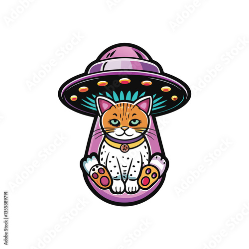 A serene cat, seemingly unfazed, floats calmly inside a brightly lit UFO,  against a starry night backdrop.  Six-pointed star detail on the UFO.