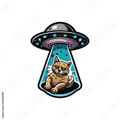 A serene cat, seemingly unconcerned, is gently lifted by a hovering UFO, exhibiting a calm, almost blissful expression.  The scene is otherworldly yet peaceful.