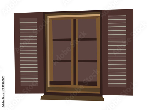 realistic illustration of a brown wooden window with open shutters and four glass panels