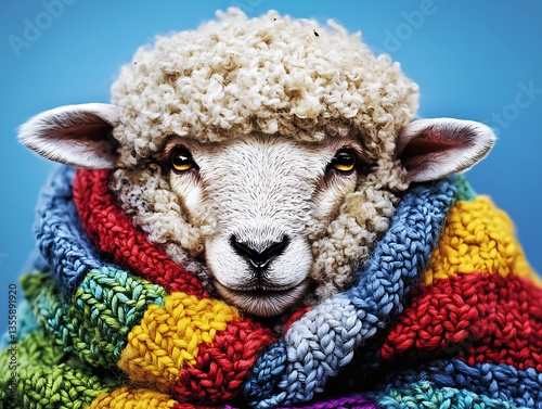 Cozy Sheep in Rainbow Scarf.