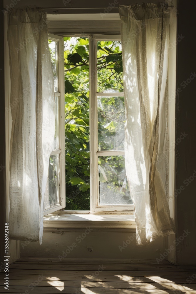 Obraz premium A gentle breeze flows through an open window. The soft curtains sway in the quiet room