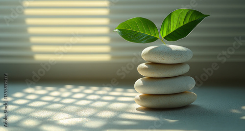 Zen Stones with Green Leaves in Sunlight for Wallpaper or Background
