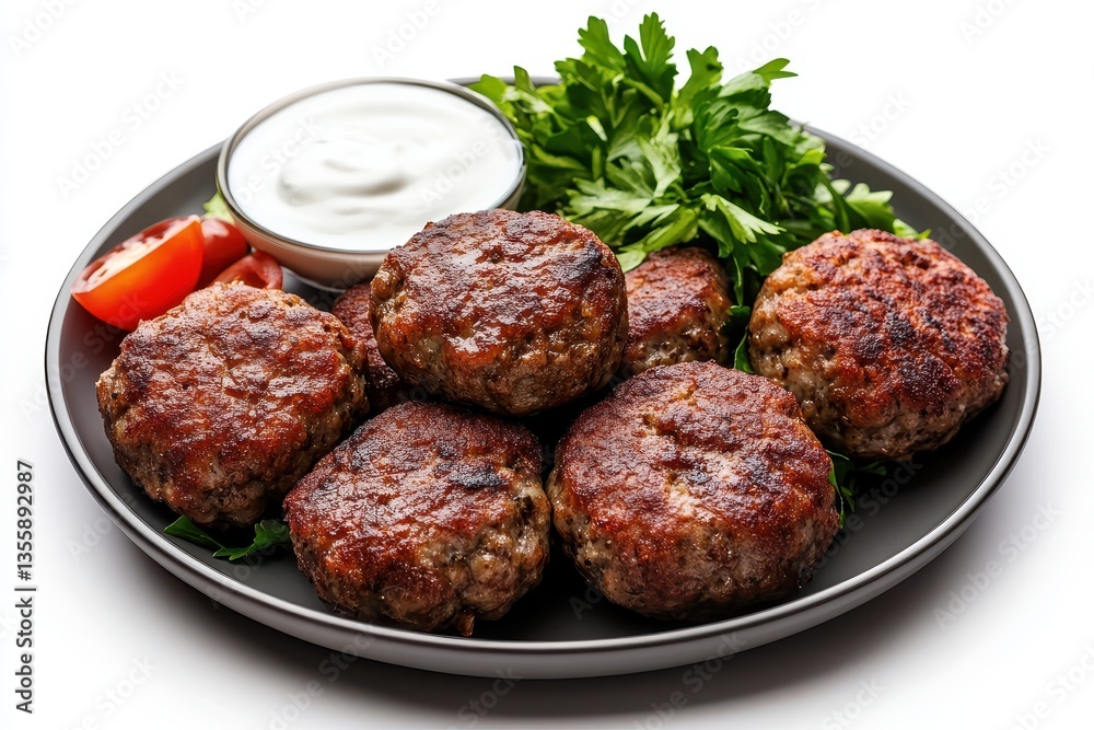 Deliciously Grilled Beef Patties Served with Fresh Herbs and Creamy Sauce on a Plate Deliciously Grilled Beef Patties Served with Fresh Herbs and Creamy Sauce on a Plate