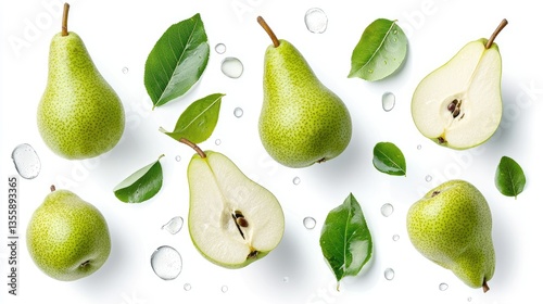 Fresh whole and sliced pears with leaves on white background photo