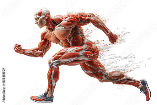 Muscular human anatomy in motion, showcasing the intricate details of human muscles while running.