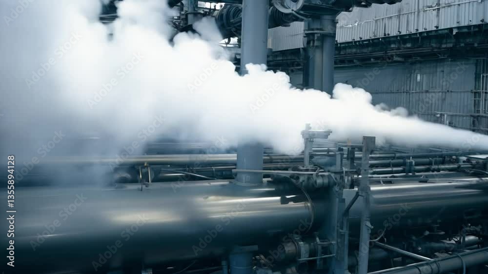 Tracking video along a pipe system in a refinery, with steam venting and dramatic side lighting creating strong contrasts and industrial textures