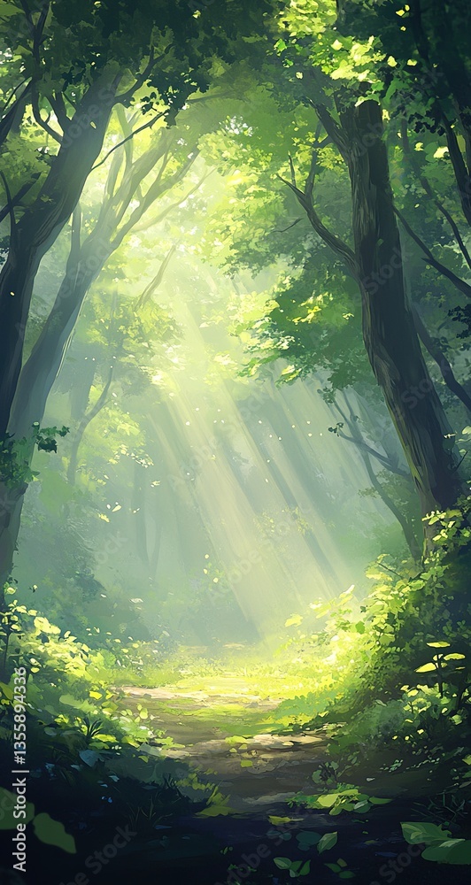 Fototapeta premium Sunlit Forest Path: Vibrant Green Canopy and Magical Ray of Light