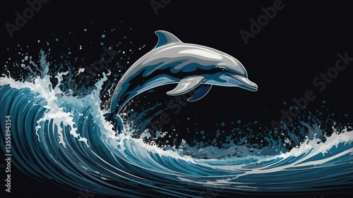 Majestic Dolphin in Waves: Capture the essence of marine beauty with a photorealistic dolphin gracefully leaping through the powerful ocean waves.