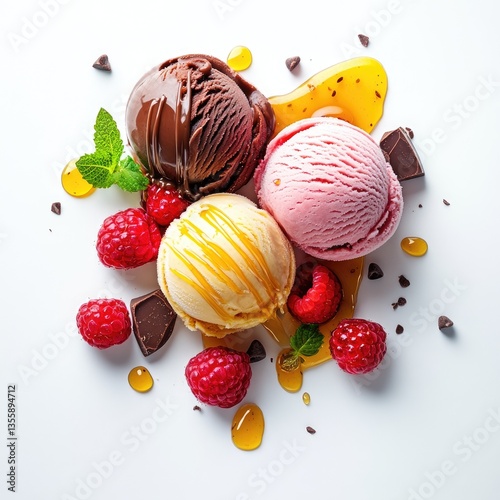 Fresh red berries and sweet fruits decorate a festive holiday dessert