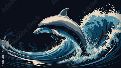 Dolphin's Majestic Leap: A dolphin breaches the ocean waves in a captivating illustration, embodying grace and freedom against a contrasting backdrop. 