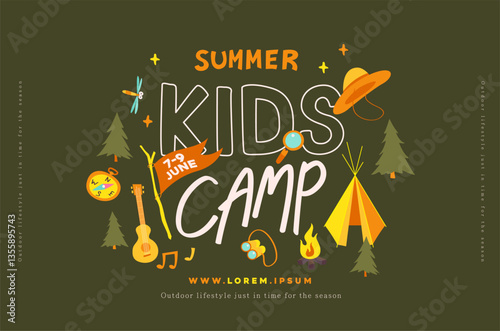 Summer camp for kids poster banner adventure nature background with Summer camp adventure activities set