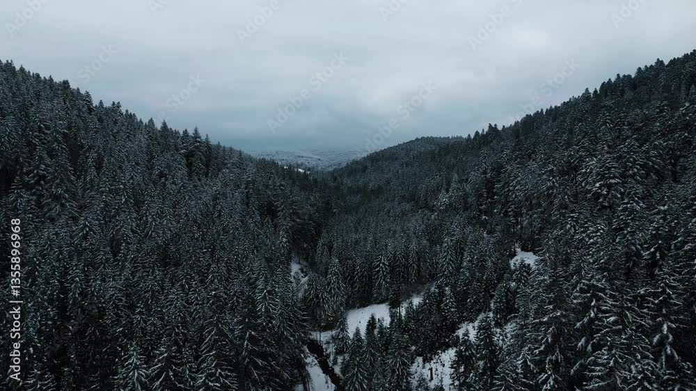 Aerial shot of a snowy landscape in the french countryside near Saint Etienne in le Pilat next to the Pas du Riot Dam, loire departement, auvergne rhone alpes region, france