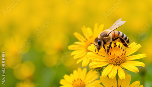 Honeybee collecting pollen on vivid yellow flower, springtime beauty