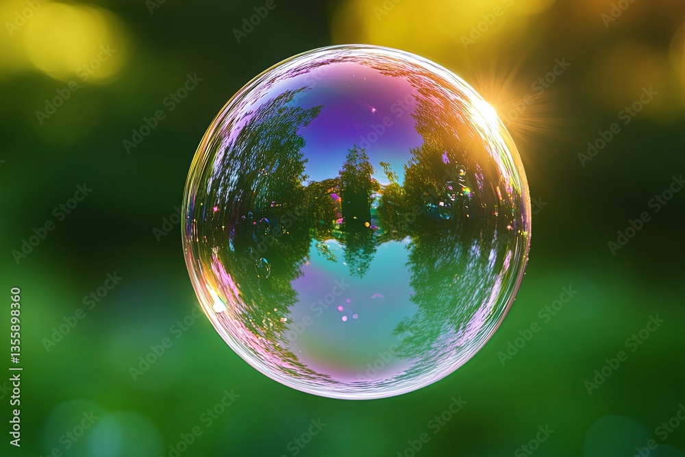 A large iridescent bubble floats reflecting a natural outdoor environment A large iridescent bubble floats reflecting a natural outdoor environment