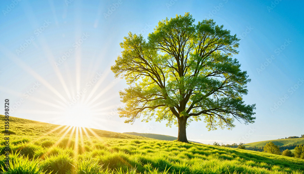 Fototapeta premium Lone tree swaying in gentle wind under clear blue sky, natural beauty