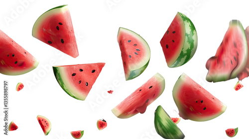 Flying Watermelon Slices: Savor the refreshing burst of summer with this delightful image, capturing a vibrant collection of watermelon slices floating gracefully in mid-air, showcasing their juicy.