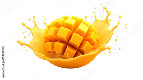 mango in juice splash isolated on a white background, Photo Illustration Image Picture, White Background, Isolate On Transparent Background Cut Out 