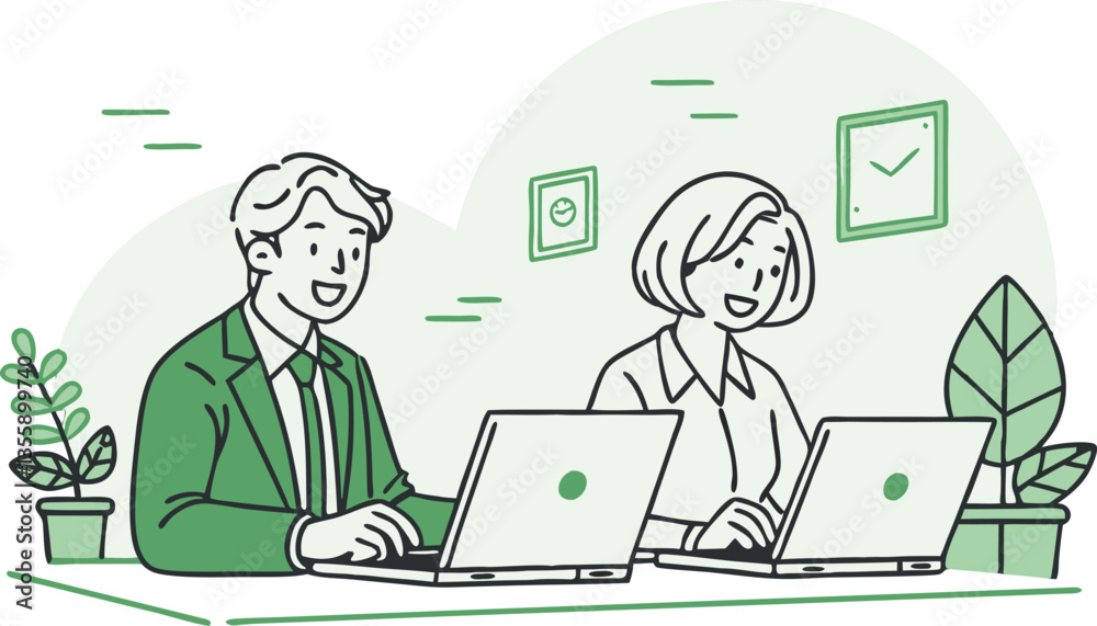 Business people working together in an office with laptops and technology Business people working together in an office with laptops and technology