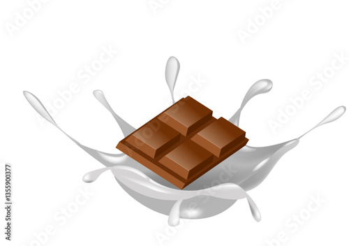 Dark chocolate bars captured splashing in pool of white liquid , Dynamic composition suggests movement of snack bar made from cocoa with milk dropped splash outward