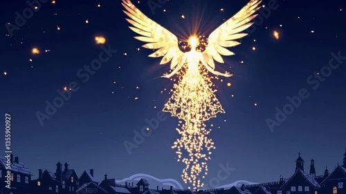 Celestial angel ascends over nighttime village with radiant wings and glittering trail