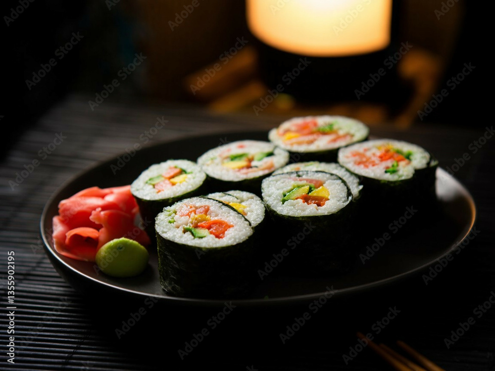Elegant Sushi Presentation with Ginger and Wasabi Elegant Sushi Presentation with Ginger and Wasabi