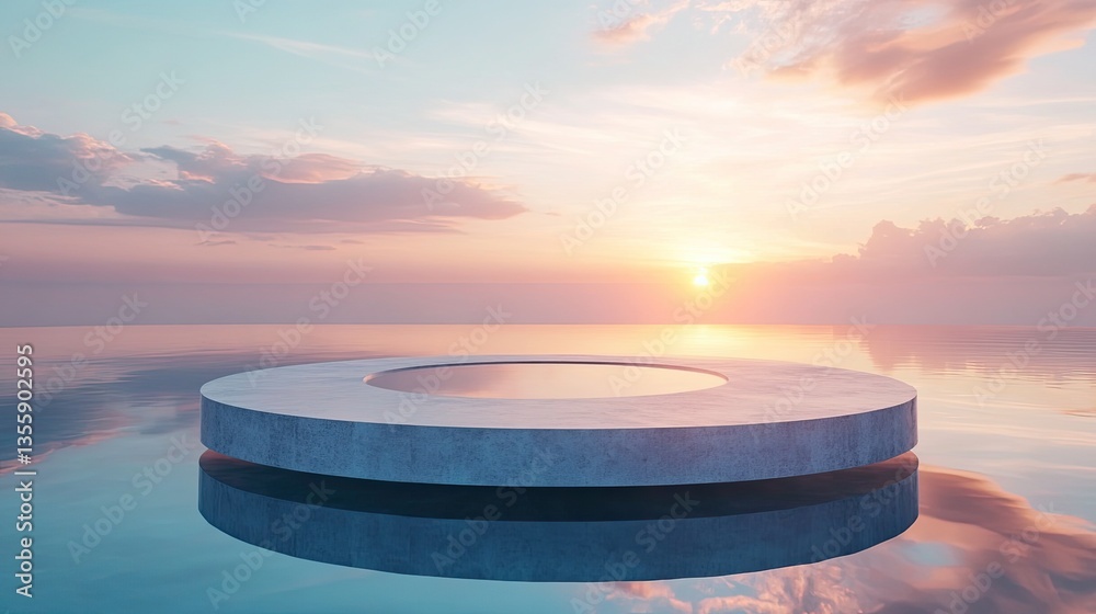 A simple circular design on a reflective surface beneath a serene sky. A simple circular design on a reflective surface beneath a serene sky.