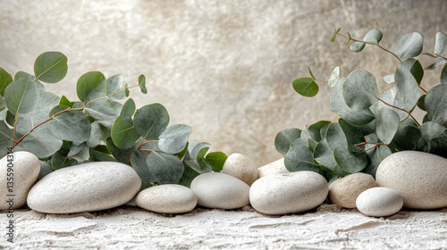 Eucalyptus Leaves and White Spa Stones on Textured Surface for Wallpaper or Background
