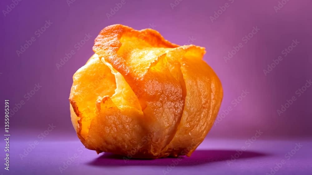 A golden fried dumpling, with a crispy, textured exterior, resting on a purple surface. A golden fried dumpling, with a crispy, textured exterior, resting on a purple surface.