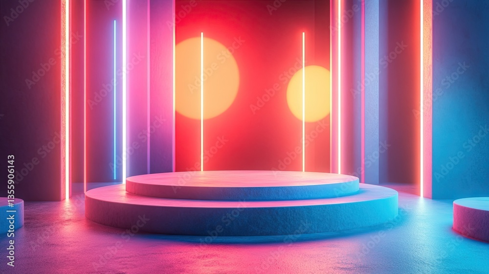 A striking 3D podium bathed in neon colors and abstract forms. A striking 3D podium bathed in neon colors and abstract forms.