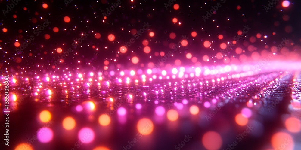 Fototapeta premium Bright neon lights illuminate the dark landscape with sparkling reflections