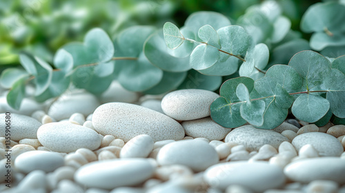 Eucalyptus Leaves and White Spa Stones for Natural Wellness Background Wallpaper
