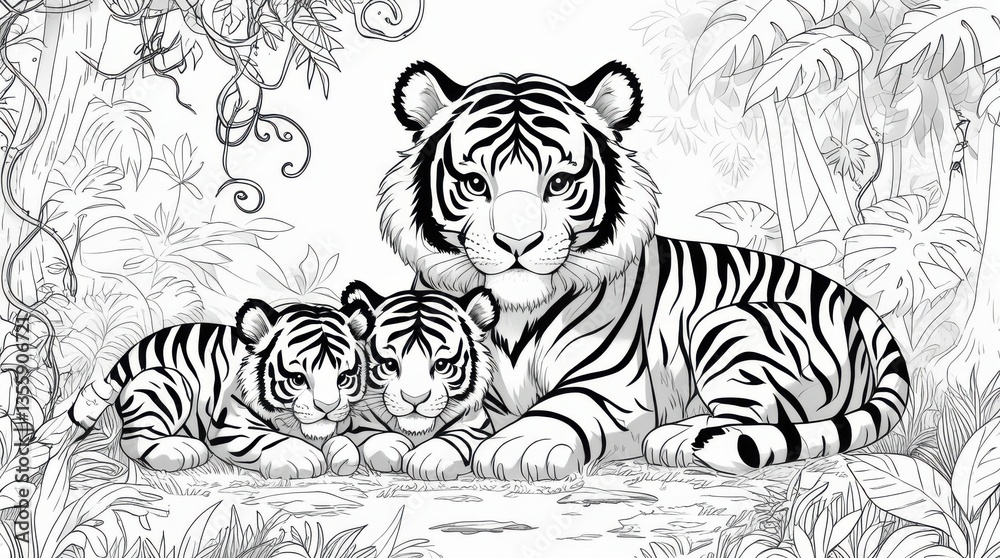 Fototapeta premium A whimsical and adorable black and white coloring page featuring a mother tiger tenderly surrounded by her three cute little cubs in a lush jungle setting,