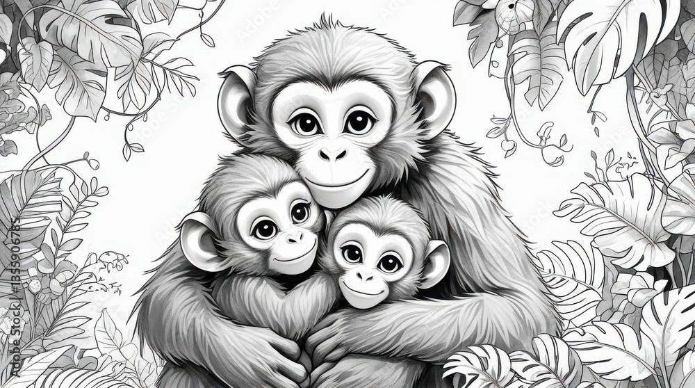 Obraz premium A whimsical black and white coloring page featuring a warm-hearted mother monkey tenderly embracing her two adorable little cubs, set against a crisp white background. 