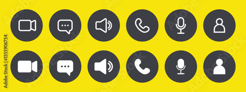 Icon Videocall. Set of video chat and user interface symbols. Phone, sound, microphone, camera, call buttons isolated on yellow background. Vector illustration in flat style.