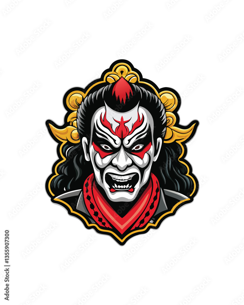 A captivating close-up of a Kabuki actor, fully costumed and dramatically made-up, showcasing intricate details of the costume and expressive facial features. A captivating close-up of a Kabuki actor, fully costumed and dramatically made-up, showcasing intricate details of the costume and expressive facial features.