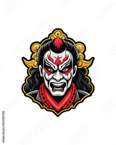 A captivating close-up of a Kabuki actor,  fully costumed and dramatically made-up, showcasing intricate details of the costume and expressive facial features.