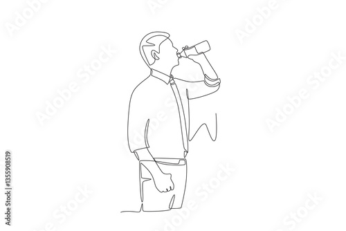 Businessman drinking bottled mineral water. Drinking water concept one-line drawing