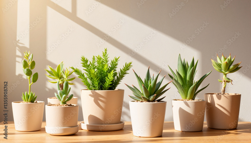 Fototapeta premium Collection of potted succulents on wooden table, home decor concept
