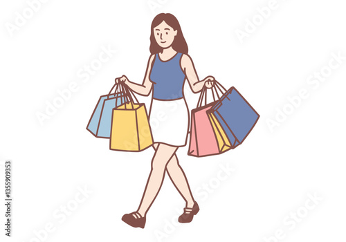  Young exhausted tired woman going carrying many heavy shopping bags full. Hand drawn style vector design illustrations.