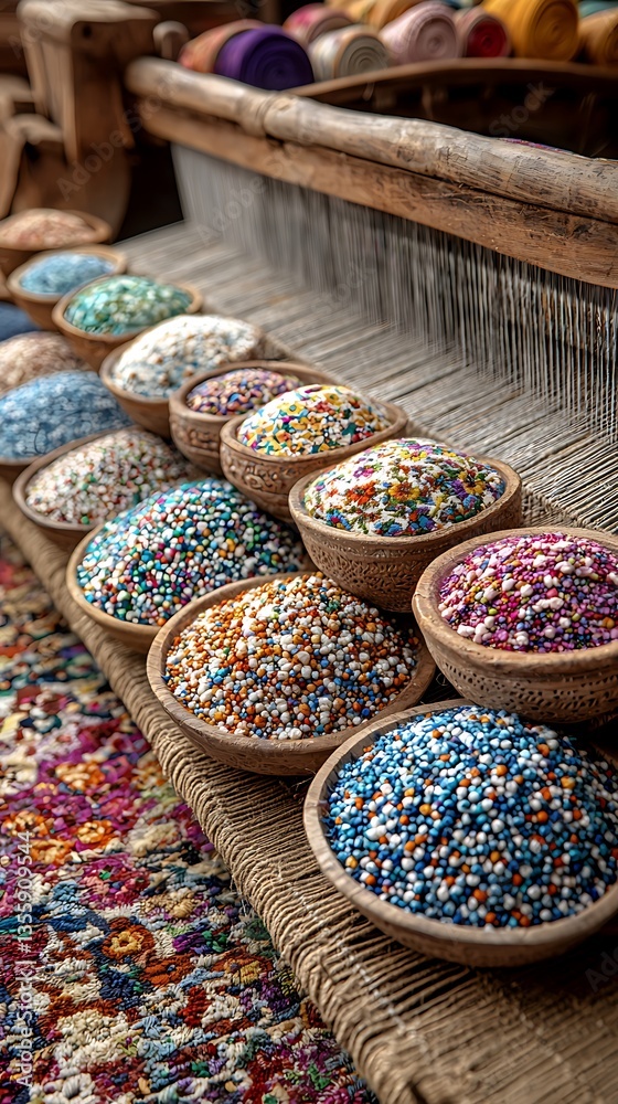 Fototapeta premium Wooden Bowls Filled With Colored Beads Sit Near Weaving Loom