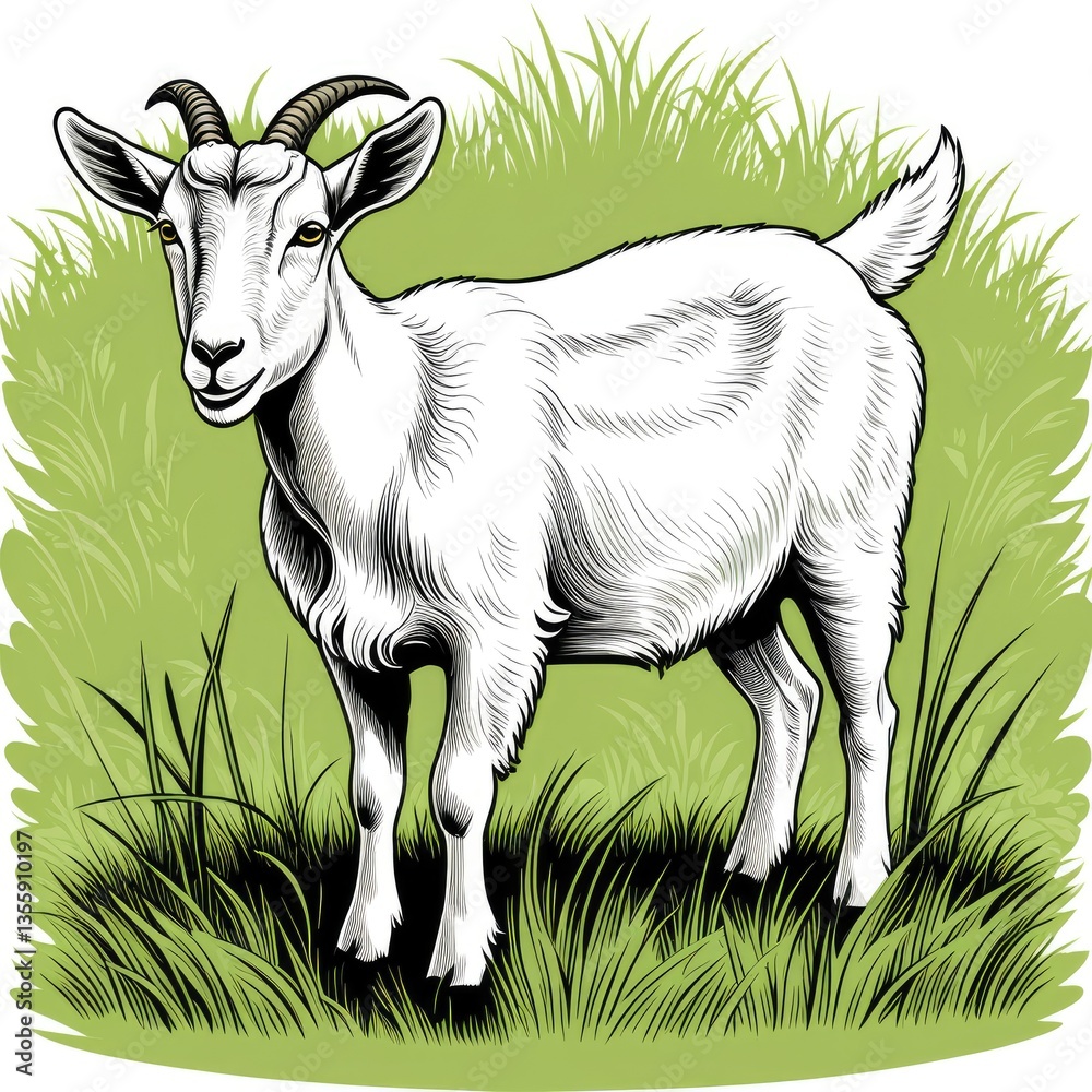 Illustration of a goat standing in lush green grass surrounded by foliage Illustration of a goat standing in lush green grass surrounded by foliage