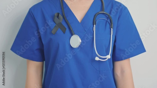 Melanoma and skin cancer, Vaccine injury awareness month and rest in peace concepts. woman holding black Ribbon