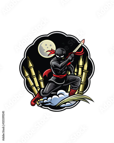 A dynamic ninja, mid-air, wielding seven shuriken and a katana, showcasing incredible agility and speed.  High-detail, cinematic lighting.