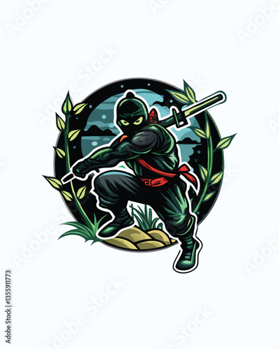 A dynamic ninja, mid-leap, wielding a katana and throwing shuriken, showcasing exceptional agility and skill.  Detailed clothing, dramatic lighting.