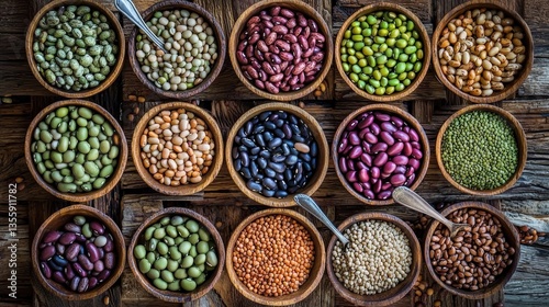 Wallpaper Mural Assorted beans and legumes in wooden bowls arranged on a rustic wooden surface. Overhead shot Torontodigital.ca