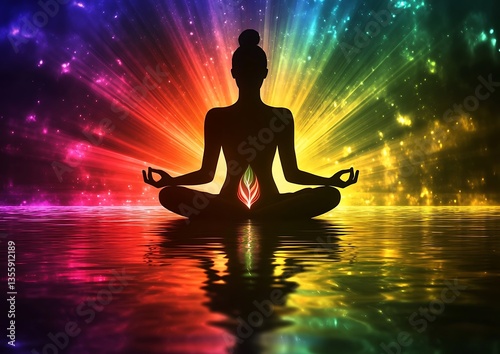A silhouette of a person meditating with vibrant colorful energy