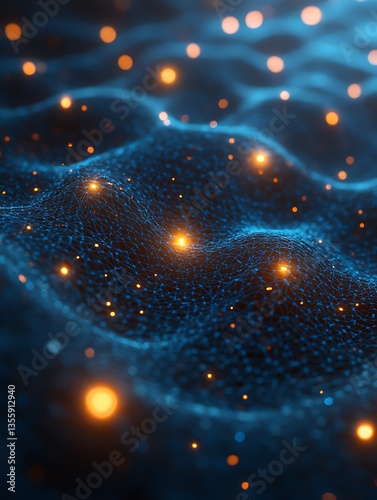 Abstract digital rendering of interconnected network with illuminated spheres