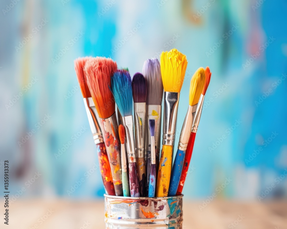 Fototapeta premium Assortment of paintbrushes in colorful container on wood table against abstract background