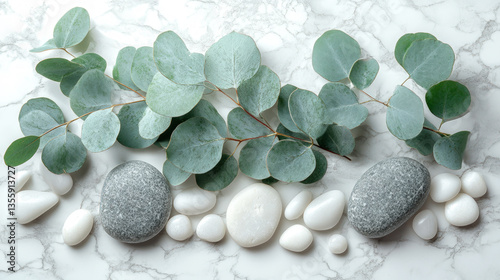 Eucalyptus Leaves with White and Gray Stones on Marble Background Wallpaper