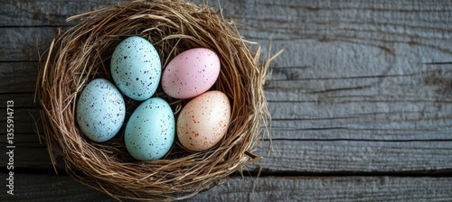 Speckled Pastel Easter Eggs on Wooden Surface..